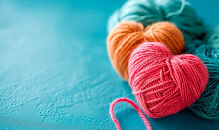 Poster or banner of colorful yarn hearts on surface on a blue background, Vibe of st. Valentine day and romantic in the style of handcrafted designsの素材