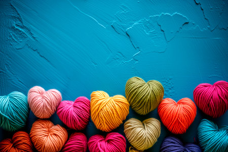 Poster or banner of colorful yarn hearts on surface on a blue background, Vibe of st. Valentine day and romantic in the style of handcrafted designsの素材