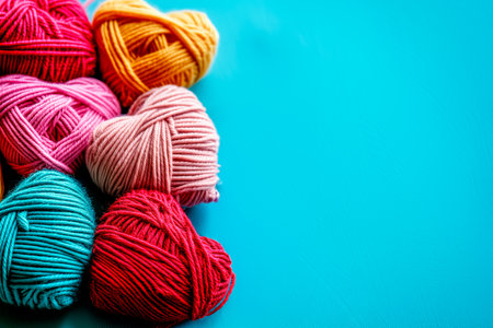 Poster or banner of colorful yarn hearts on surface on a blue background, Vibe of st. Valentine day and romantic in the style of handcrafted designsの素材
