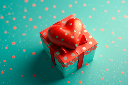Mystery gift box with ribbon on solid bold background. Isometric view of present or giftbox with bow, design for poster or banner for st. Valentine's day, New Year or Mother Dayの素材