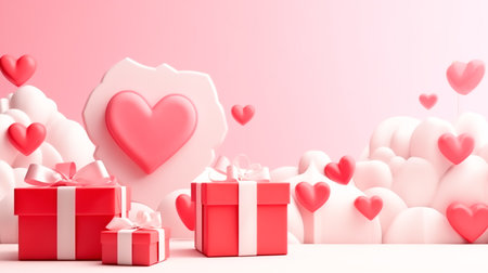 Poster or banner with clouds, hearts and balloons on pastel pink 3D background for st. Valentine day. Romantic background for sale header or greeting cards template with heart shaped balloonsの素材