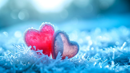 Poster or banner of two hearts sitting on the snow covered ground under sunlight, bokeh panorama. Vibe of st. Valentine day and romantic in the style of emotional sensitivityの素材