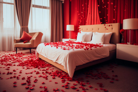 Red rose petals on bed in hotel bedroom, Valentine's day concept.の素材