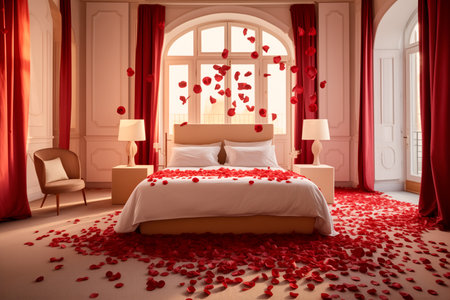 Red rose petals on bed in hotel bedroom, Valentine's day concept.の素材