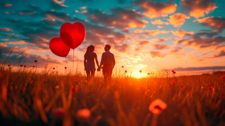 Romantic evening date in a nature with red heart-shaped balloons. Valentine's day concept.の素材