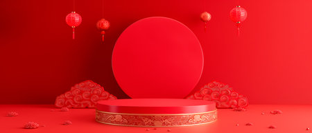 Podium or stage for product demonstration in style of Chinese new year 2024 on red backgroundの素材