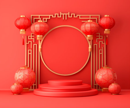 Podium or stage for product demonstration in style of Chinese new year 2024 on red backgroundの素材
