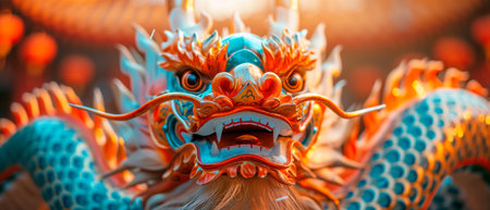 Closeup of 3D golden dragon statue in Chinese temple, symbol of the 2024 Chinese New Year on a dark background.の素材