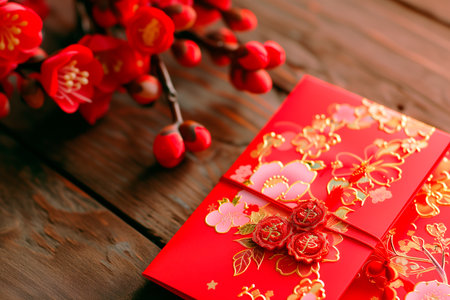 Chinese New Year decoration with red paper lanterns and plum blossom.の素材