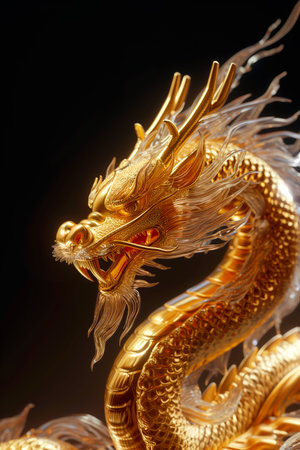 Closeup of 3D golden dragon statue in Chinese temple, symbol of the 2024 Chinese New Year on a dark background.の素材