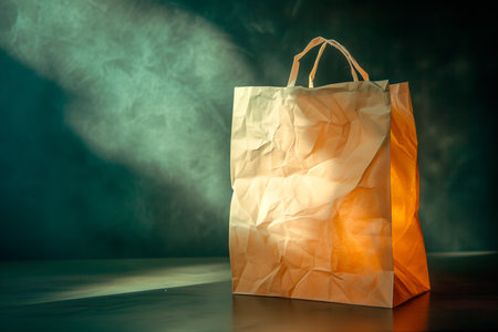 Craft brown shopping paper bag on blue background with soft Sfumato lightening. Sale offer. Black Friday. Shopping discountの素材