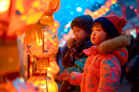 Little asian girl in chinese dress with red paper lanterns on Chinese New Year or Lantern Festival with dancing lion. Translational street view on China or Japan street in old townの素材
