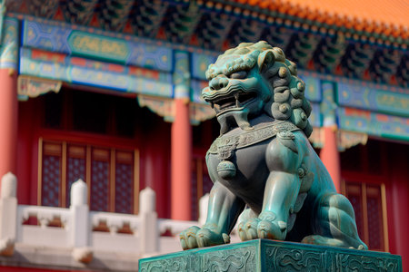 Closeup of 3D golden dragon statue in Chinese temple, symbol of the 2024 Chinese New Year on a dark background.の素材