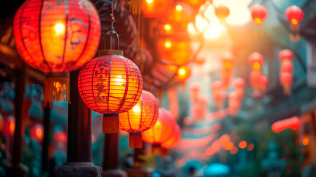Chinese New Year or Lantern Festival with lanterns and plum elements. Translational street view on China or Japan street in old townの素材