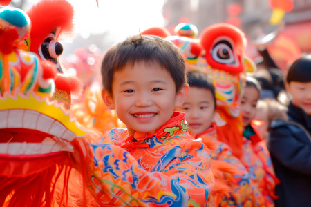 Little asian girl in chinese dress with red paper lanterns on Chinese New Year or Lantern Festival with dancing lion. Translational street view on China or Japan street in old townの素材