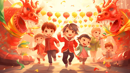 Little asian girl in chinese dress with red paper lanterns on Chinese New Year or Lantern Festival with dancing lion. Translational street view on China or Japan street in old townの素材