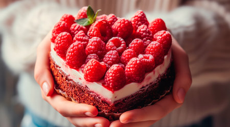Female hands holding delicious cake with fresh raspberries, closeupの素材