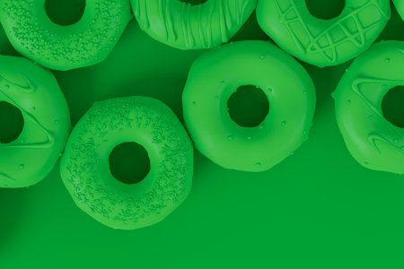 Isometric view of glazed donut with sprinkles on plain monochrome green color background with copy space. 3d render of fast food bakery ad design elements with frosting confectioneryの写真素材
