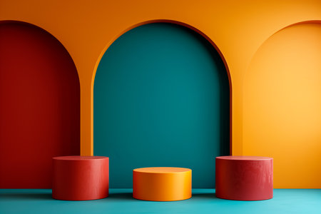 3d rendering of minimal geometric forms. Blue and orange podiums for product presentation. Fashion show stage.の素材