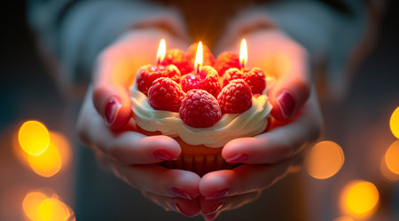 Female hands holding delicious heart-shaped cake with fresh raspberries on its surface., closeupの素材