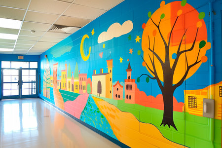 Children's drawing on the wall in the children's room of the schoolの素材