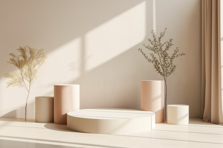 A potted plant with lush green leaves sitting on sophisticated podium for product display with palm leaves shadowの素材