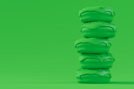 Stack of glazed donut with sprinkles on plain monochrome green color background with copy space. 3d...