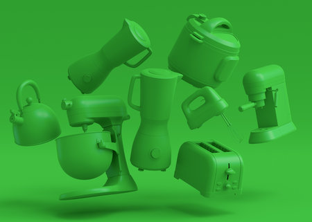 Electric kitchen appliances and utensils for making culinary on green monochrome background. 3d render of kitchenware for cooking, baking, blending and whippingの写真素材
