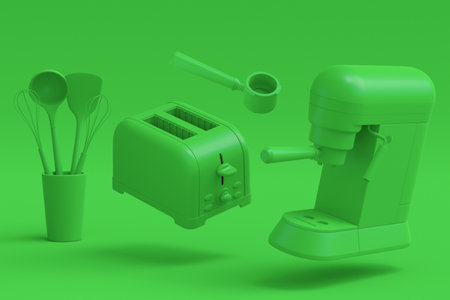 Electric kitchen appliances and utensils for making culinary on green monochrome background. 3d render of kitchenware for cooking, baking, blending and whippingの写真素材