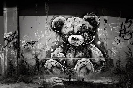 Teddy bear graffiti on a wall in street art style. Black and white photo.の素材