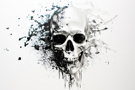 Human skull with dynamic black ink splatters in the midst of disintegration, highlighted by bold black ink splatters.の素材