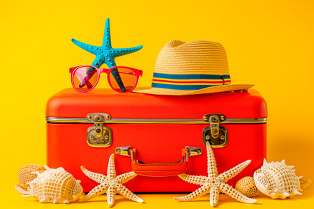 A suitcase, hat, sunglasses, and starfish are arranged neatly on a vibrant background. The beach accessories create a colorful and beachy composition, evoking feelings of summer and vacation.の素材