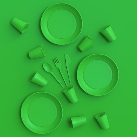 Set of disposable utensils like plate, folk, spoon,knife, cup and pepper and salt mill on green monochrome background with copy space. 3d render concept of save the earth and zero wasteの写真素材