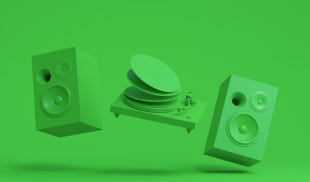 Set of Hi-fi speakers with loudspeakers and DJ turntable on monochrome background. 3d render audio equipment like boombox and vinyl record player for sound recording studioの写真素材