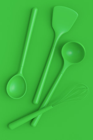 Wooden kitchen utensils, tools and equipment on green monochrome background. 3d render of home kitchen tools and accessories for cookingの写真素材