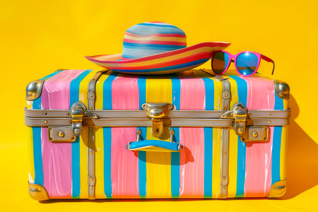 A suitcase, hat, sunglasses, and starfish are arranged neatly on a vibrant background. The beach accessories create a colorful and beachy composition, evoking feelings of summer and vacation.の素材