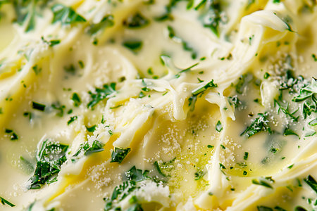Closeup view showcases a yellow texture of creamy butter or margarine with herbs and rosemary for sandwiches and steak as backgroundの素材