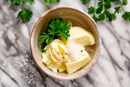 Closeup of garlic creamy butter with salt and greens for sandwiches and steak in a small bowl on a marble background.の素材