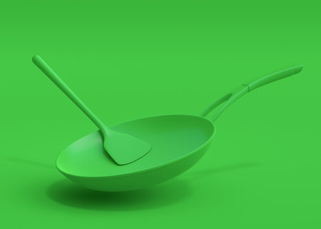 Set of flying stainless steel stewpot, frying pan and chrome plated aluminum cookware on green monochrome background. 3d render of non-stick kitchen utensilsの写真素材