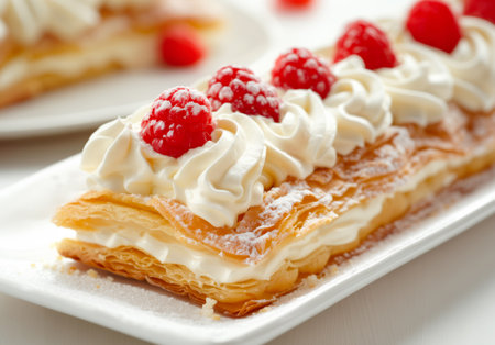 A piece of Napoleon cake or Mille-feuille topped with fluffy whipped cream and vibrant red raspberries.の素材