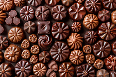 A variety of chocolates, including truffles, bonbons, and bars, are neatly displayed on a wooden table.の素材
