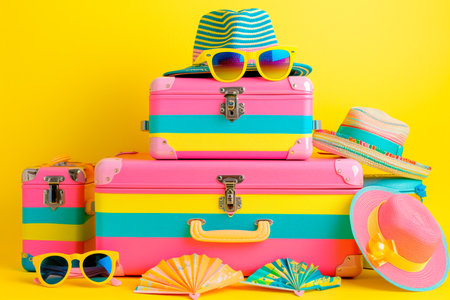 A suitcase, hat, sunglasses, and starfish are arranged neatly on a vibrant background. The beach accessories create a colorful and beachy composition, evoking feelings of summer and vacation.の素材