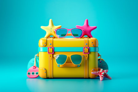 A suitcase, hat, sunglasses, and starfish are arranged neatly on a vibrant background. The beach accessories create a colorful and beachy composition, evoking feelings of summer and vacation.の素材