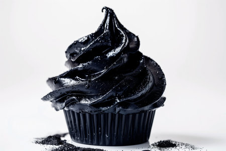 Tasty chocolate cupcake with black cream on dark background. Shallow depth of field.の素材