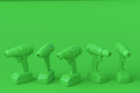 Set of cordless drill or screwdrivers on monochrome background. 3d render and illustration of tool for repair and installationの写真素材