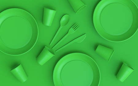 Set of disposable utensils like plate, folk, spoon,knife, cup and pepper and salt mill on green monochrome background with copy space. 3d render concept of save the earth and zero wasteの写真素材