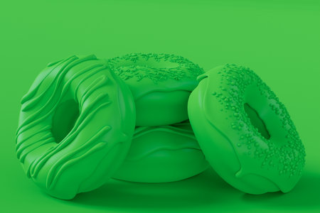 Stack of glazed donut with sprinkles on plain monochrome green color background with copy space. 3d render of fast food bakery ad design elements with frosting confectioneryの写真素材