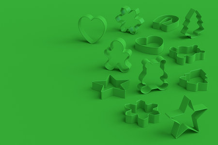 Set of metal cookie cutters for homemade Christmas biscuit on a green monochrome background. 3d render of making gingerbread cookies in the kitchen.の写真素材