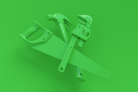 Flying view of monochrome construction tools for repair and installation on multicolor background. 3d render and illustration of service banner for house plumber or repairmanの写真素材