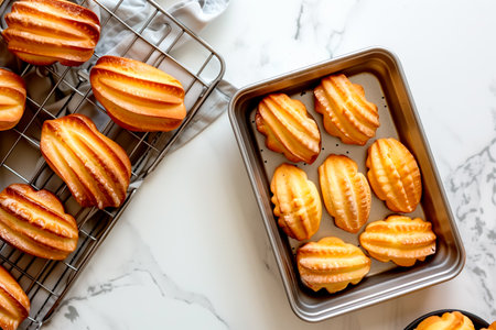 Classic French madeleine cookies, buttery and delicate, mini sponge cake baked in scallop mold.の素材